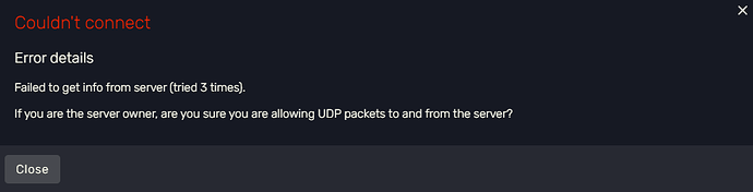 Screenshot des FiveM-Fehlers Couldn’t connect: Failed to get info from server (tried 3 times).