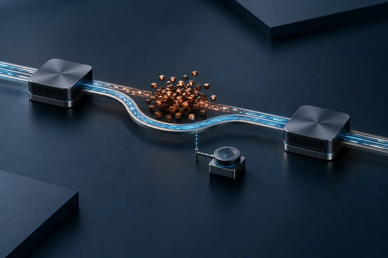 A cyan traffic path bypasses a disturbed area while a separate instrument observes a few measurements.
